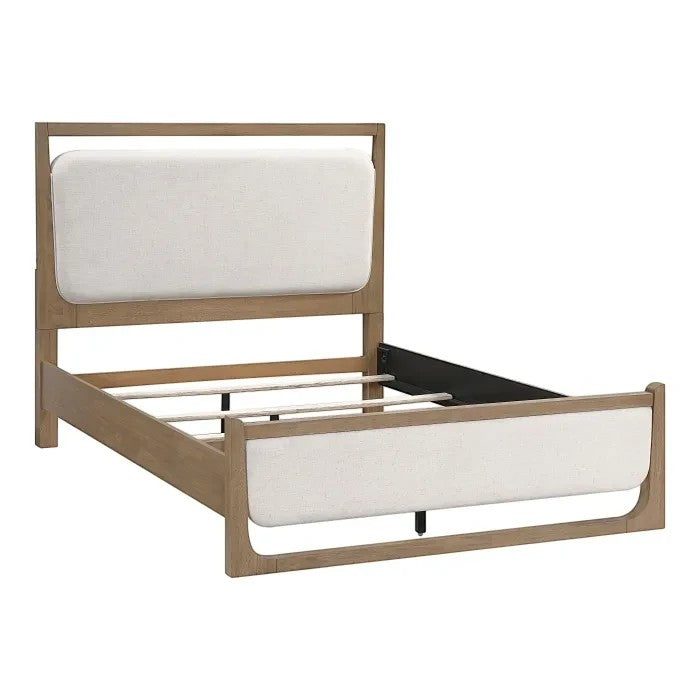 Lit Grand Lit Samora TOCO Meubles en bois brun clair avec tête et pied de lit rembourrés blancs et éclairage DEL intégré.