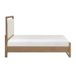 TOCO Meubles Lit Samora grand lit moderne en bois brun clair avec tête de lit rembourrée blanche et éclairage DEL intégré.