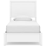 Lit simple blanc TOCO Meubles Gisele avec tête de lit à lattes et cadre bas, style contemporain.