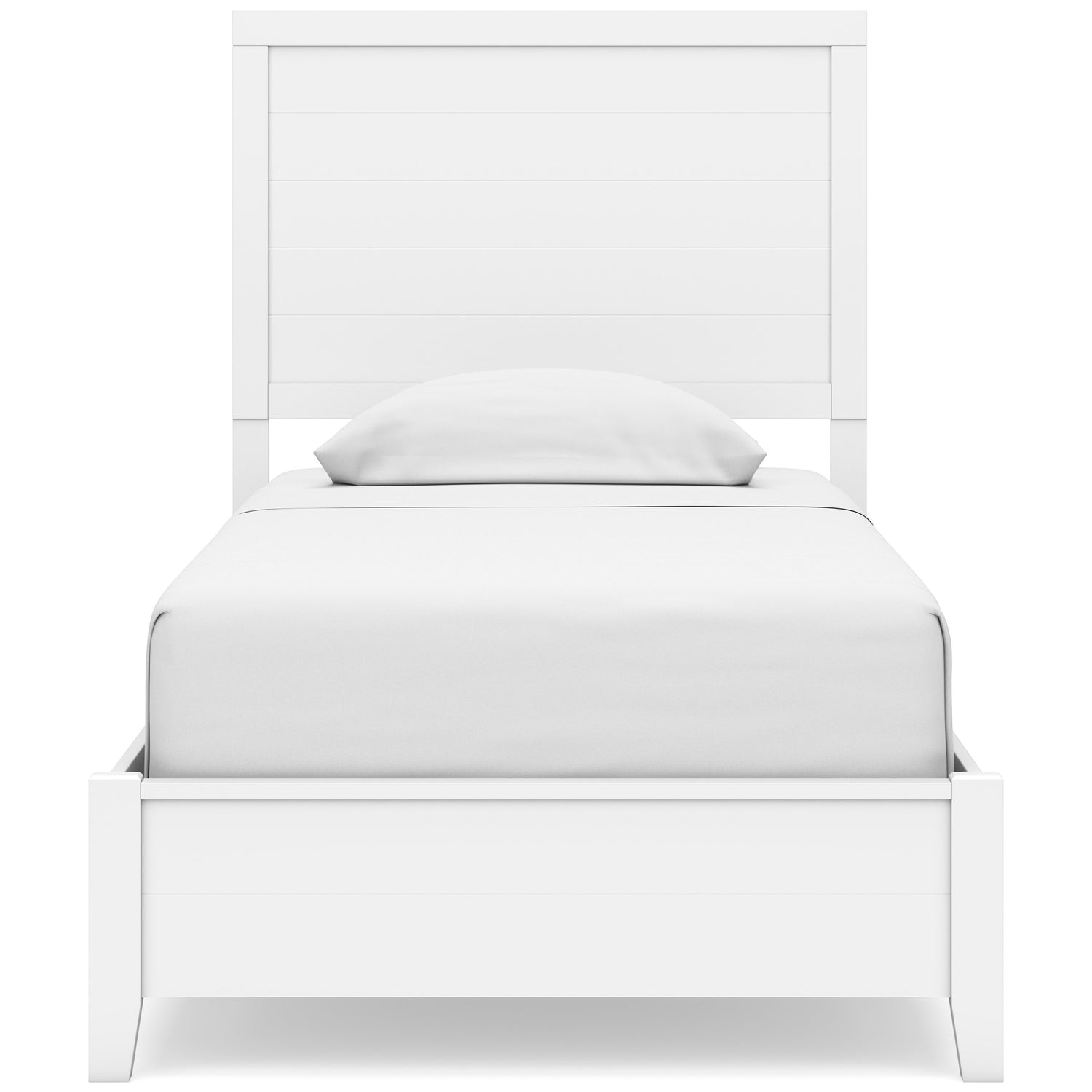 Lit simple blanc TOCO Meubles Gisele avec tête de lit à lattes et cadre bas, style contemporain.