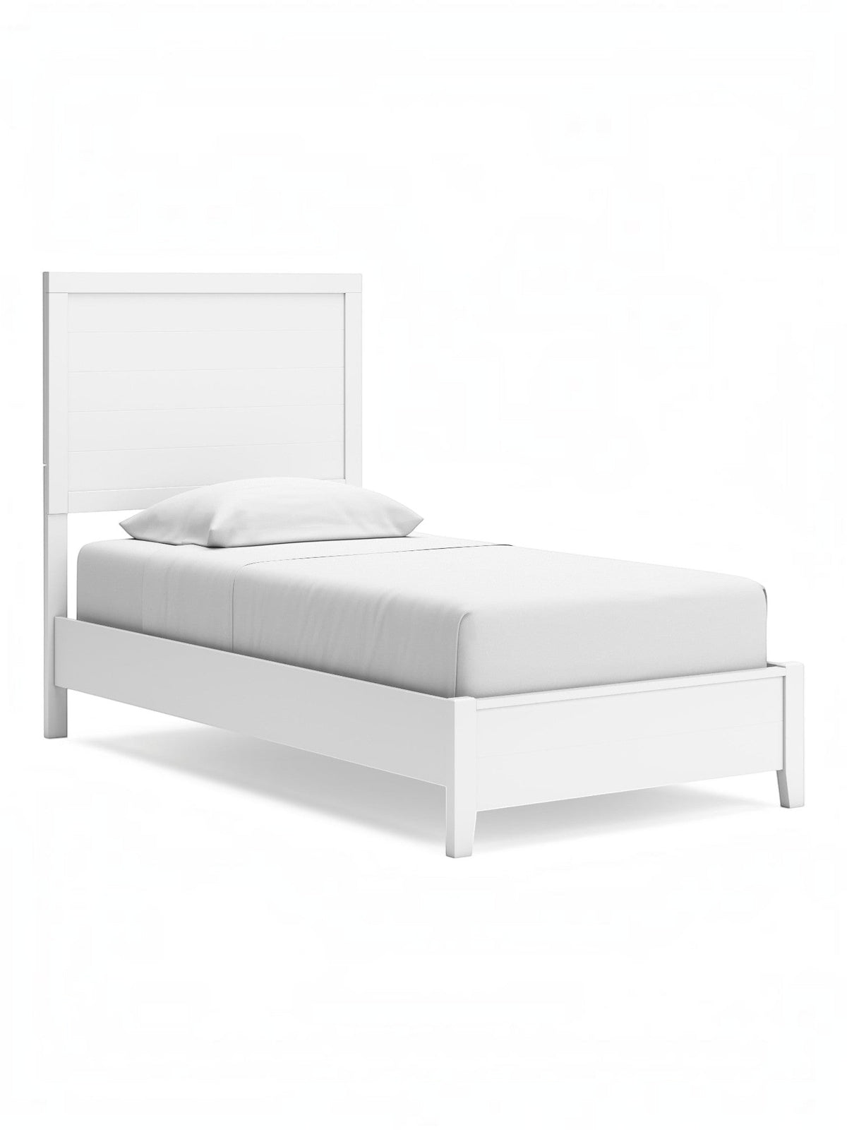 Lit simple blanc Gisele de TOCO Meubles avec tête de lit à lattes et un oreiller.