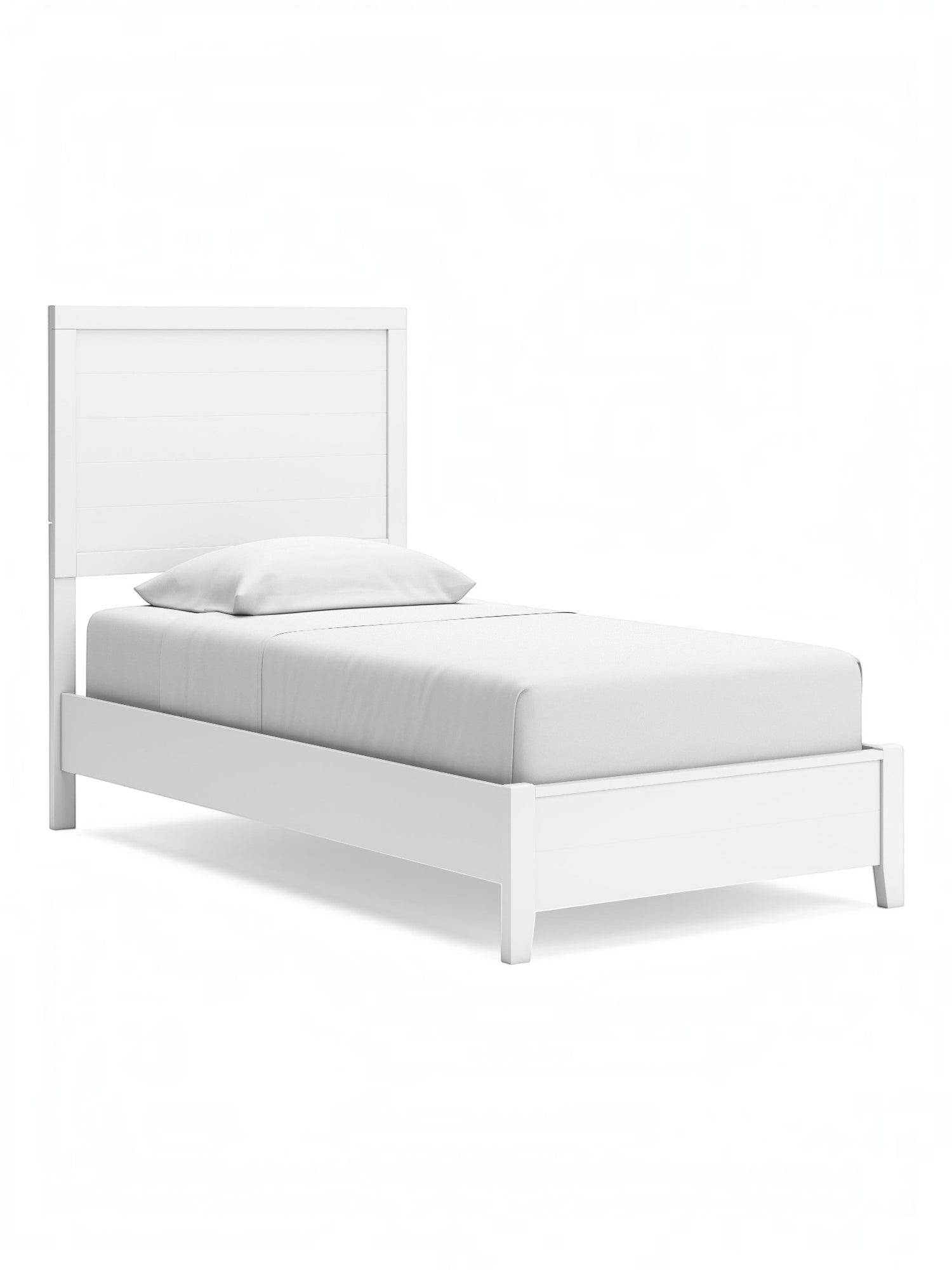Lit simple blanc Gisele de TOCO Meubles avec tête de lit à lattes et un oreiller.