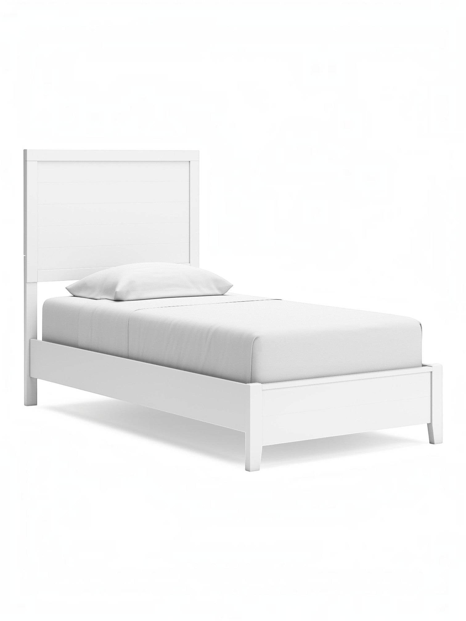 Lit simple blanc Gisele de TOCO Meubles avec tête de lit à lattes et un oreiller.
