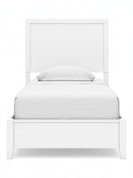 Lit simple blanc TOCO Meubles Gisele avec tête de lit à lattes et cadre bas, style contemporain.