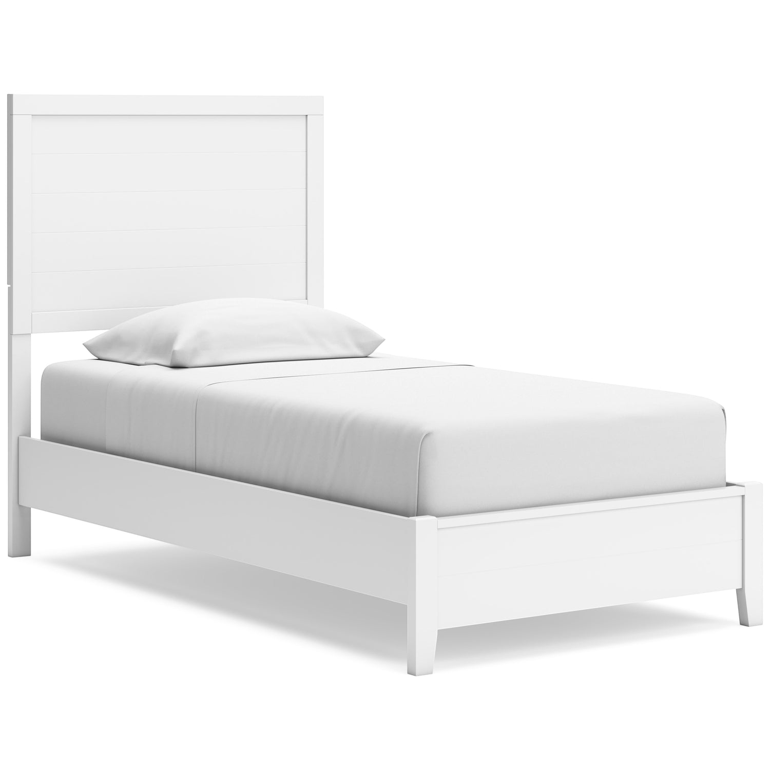 Lit simple blanc Gisele de TOCO Meubles avec tête de lit à lattes et un oreiller.
