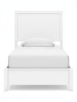 Lit simple blanc TOCO Meubles Gisele avec tête de lit à lattes et cadre bas, style contemporain.