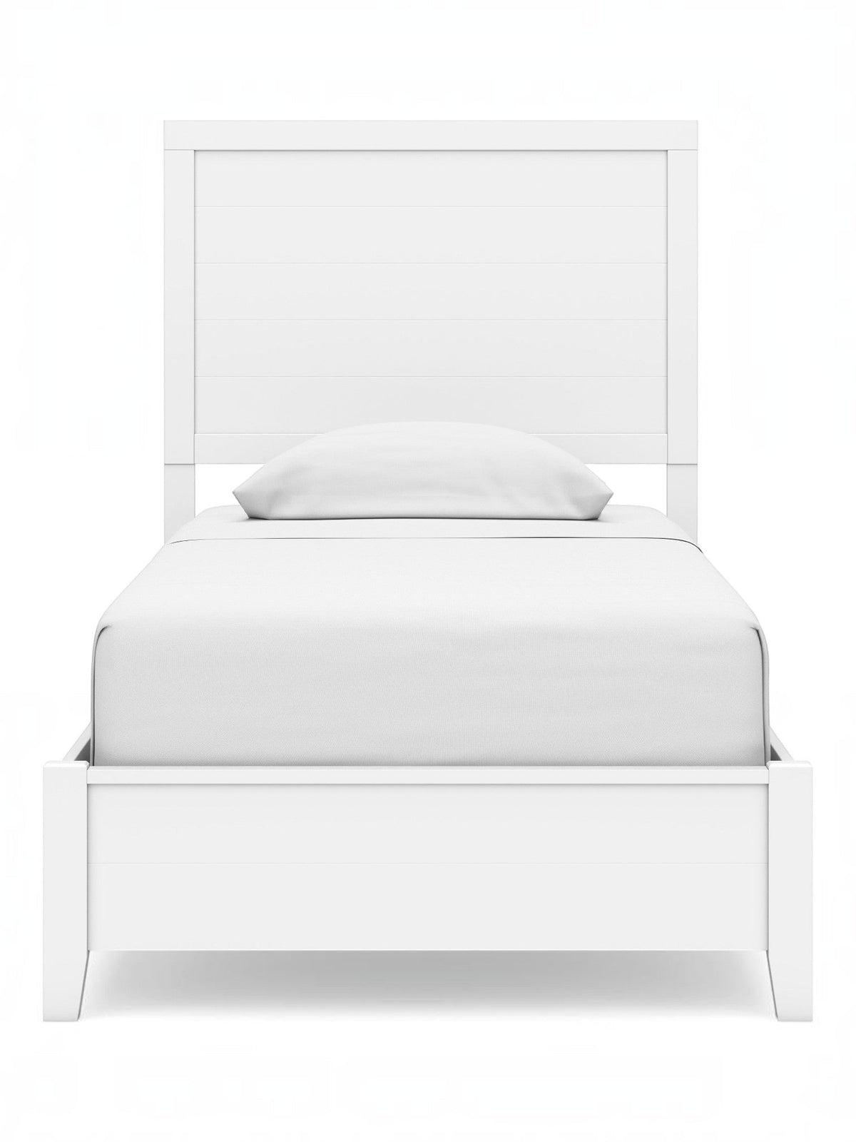 Lit simple blanc TOCO Meubles Gisele avec tête de lit à lattes et cadre bas, style contemporain.