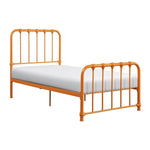 Lit simple Daisy orange en métal de TOCO Meubles avec barreaux verticaux et design arrondi.