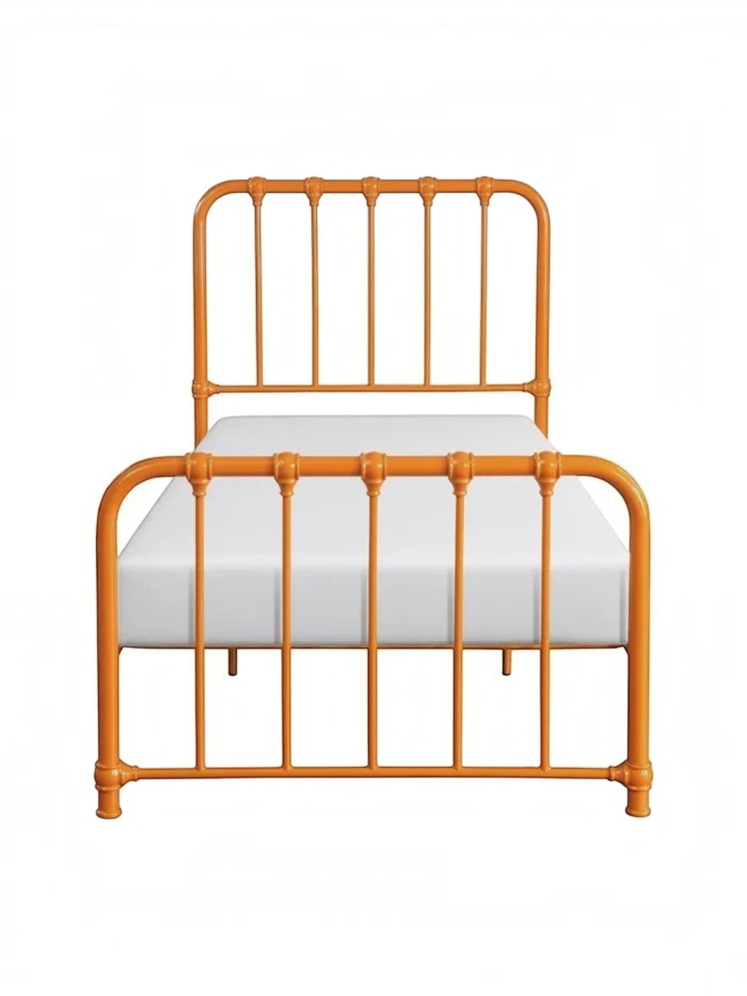 Lit simple Daisy orange en métal de TOCO Meubles avec barreaux verticaux et détails décoratifs.
