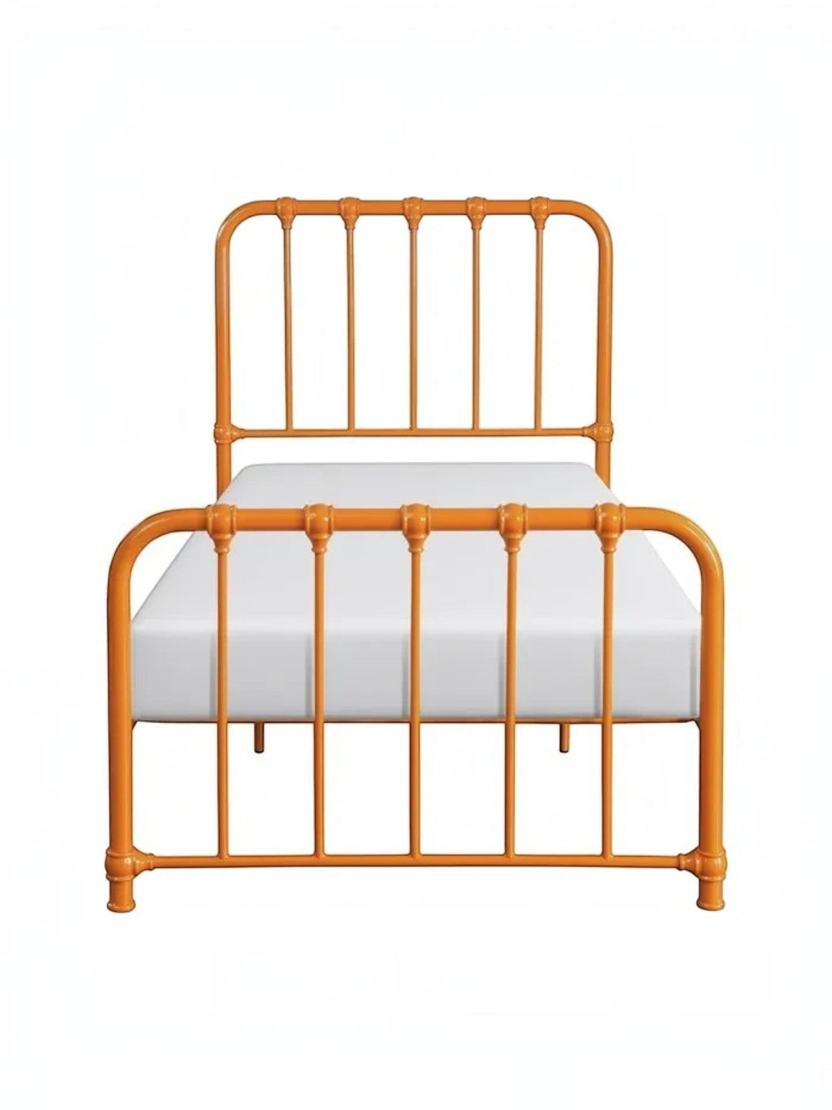 Lit simple Daisy orange en métal de TOCO Meubles avec barreaux verticaux et détails décoratifs.