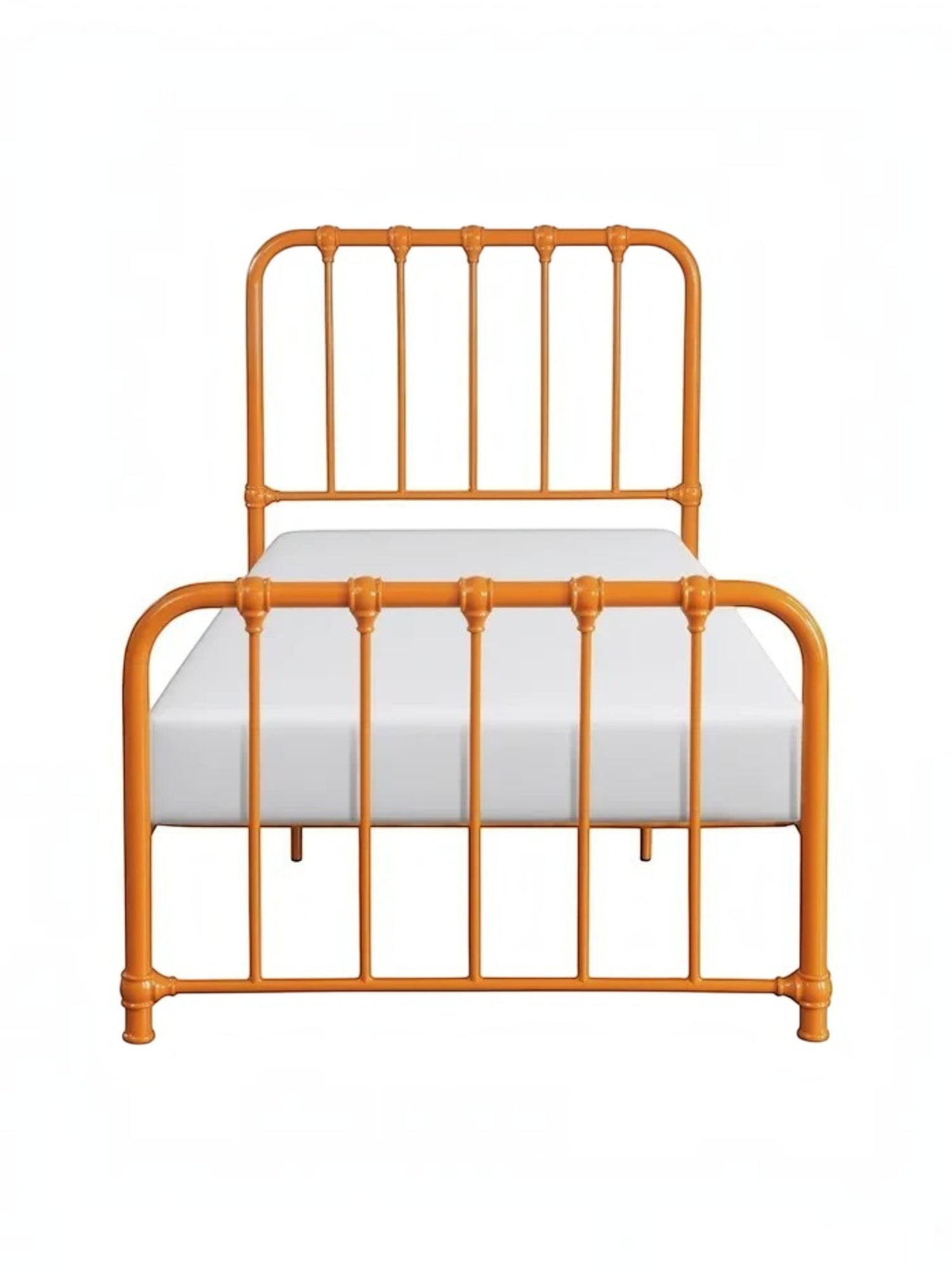 Lit simple Daisy orange en métal de TOCO Meubles avec barreaux verticaux et détails décoratifs.