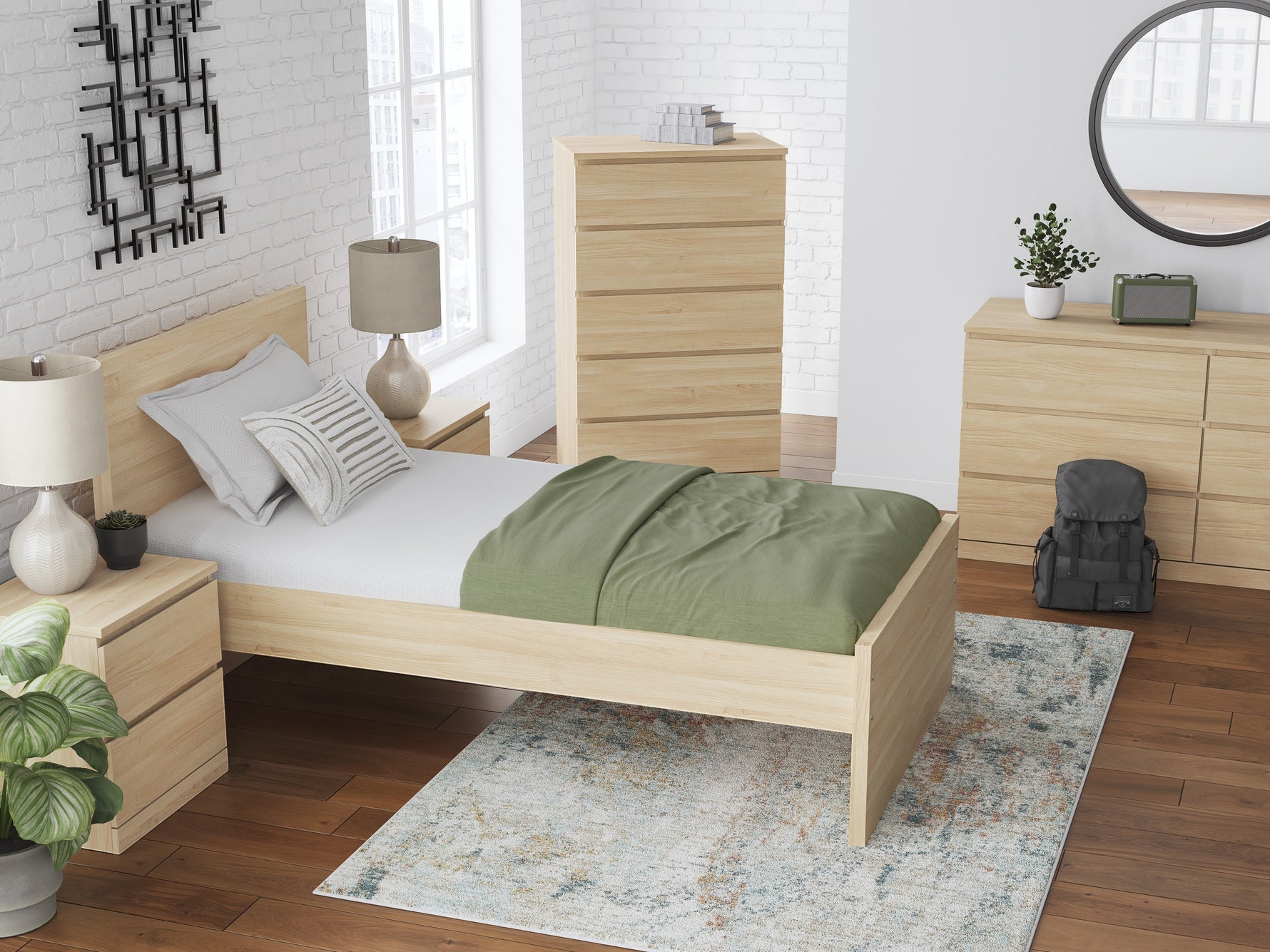 TOCO Meubles Lit Simple Hazel en bois naturel, design plateforme minimaliste, 140x190 cm, avec table de chevet assortie.