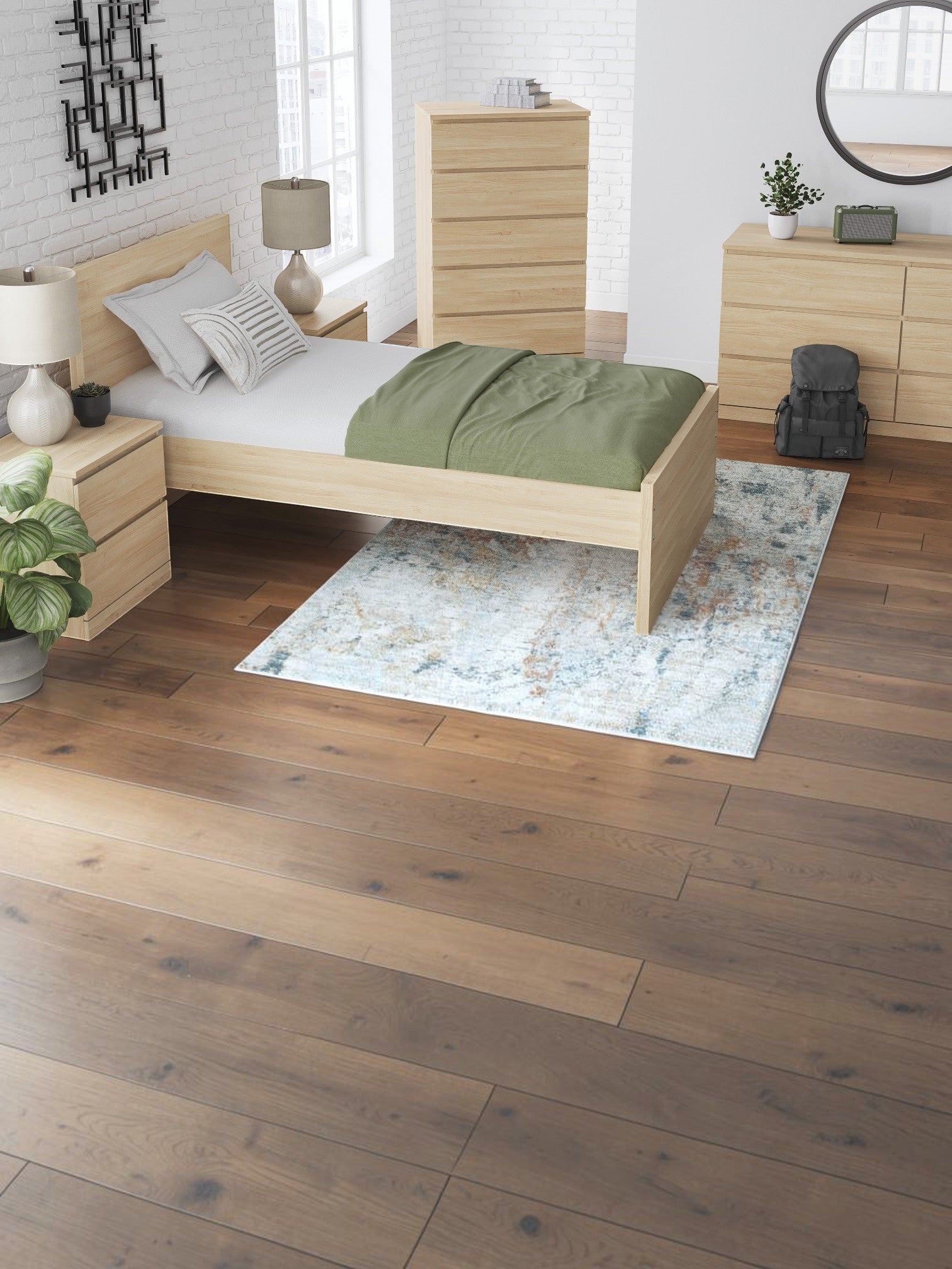 TOCO Meubles Lit Simple Hazel en bois naturel, design plateforme minimaliste, 140x190 cm, avec table de chevet assortie.