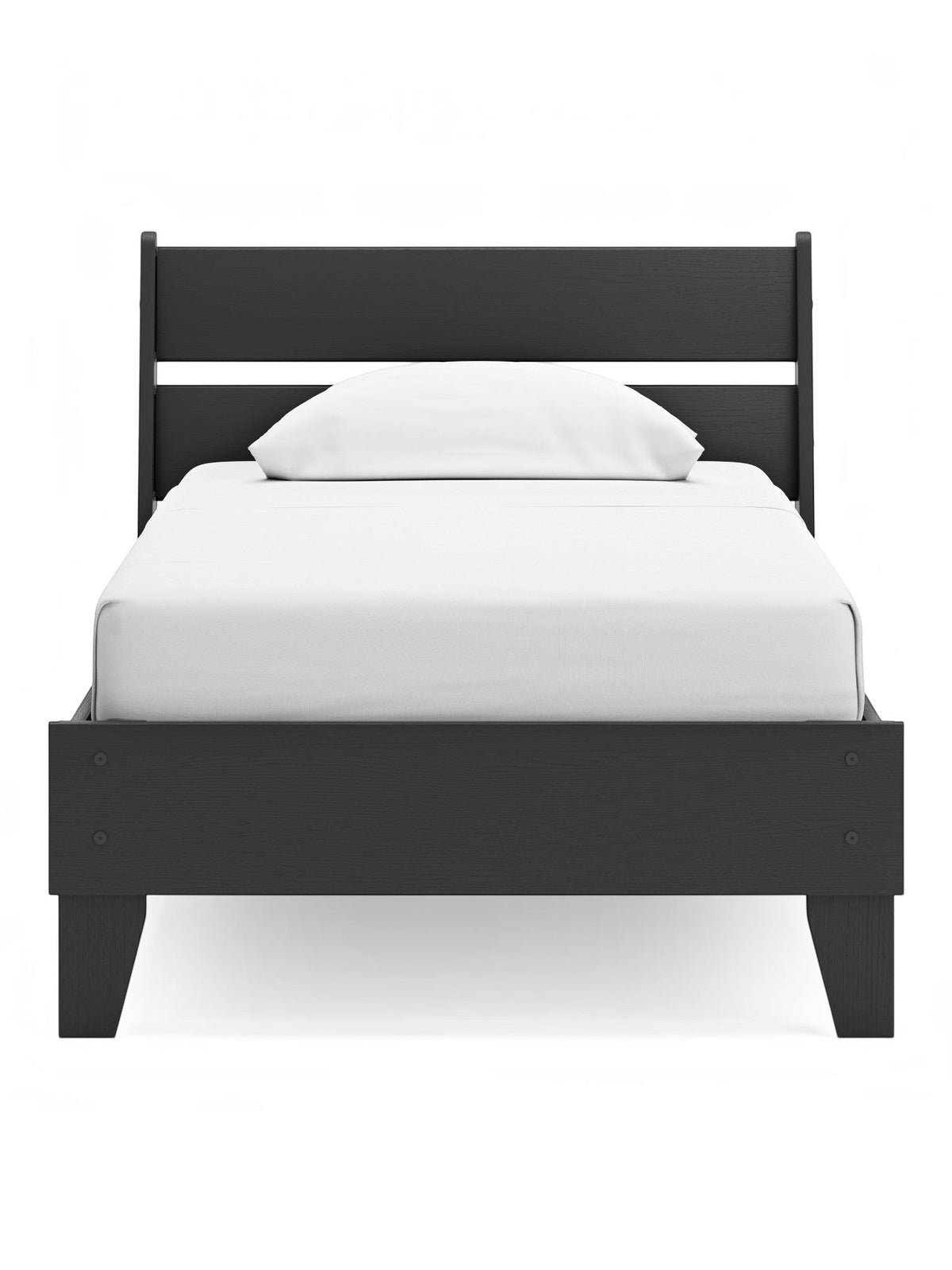 Lit simple noir TOCO Meubles Solene en bois, design contemporain avec tête de lit à lattes et cadre bas.