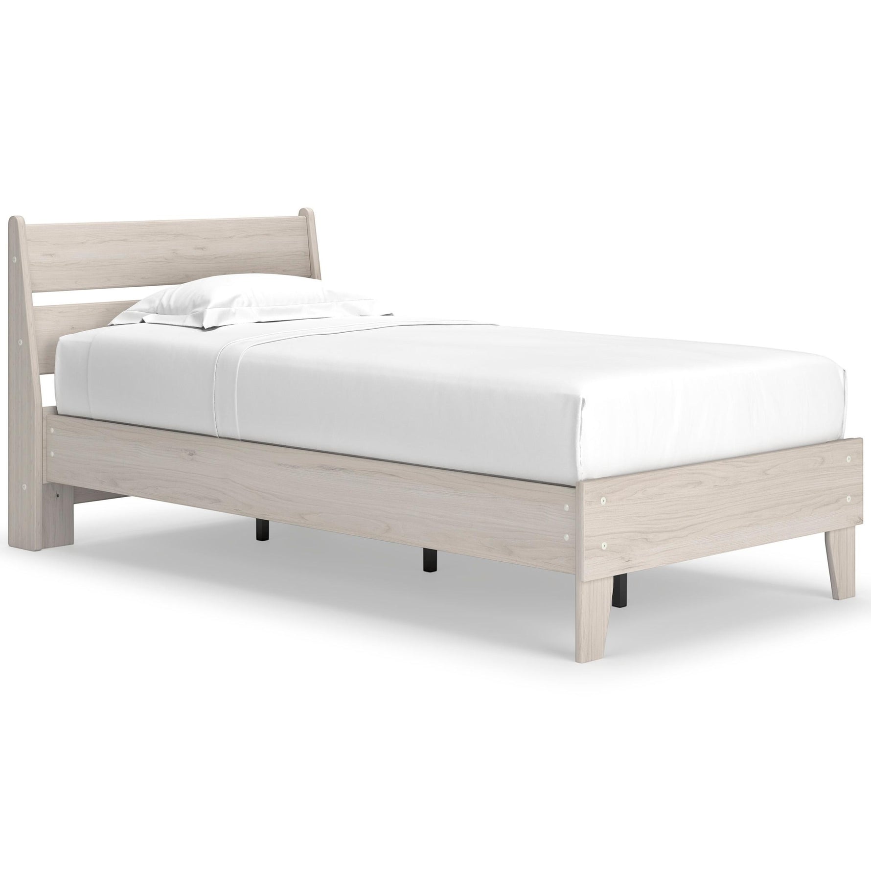 Lit simple Solene en bois clair de TOCO Meubles, design contemporain avec tête de lit incurvée et pieds fuselés.
