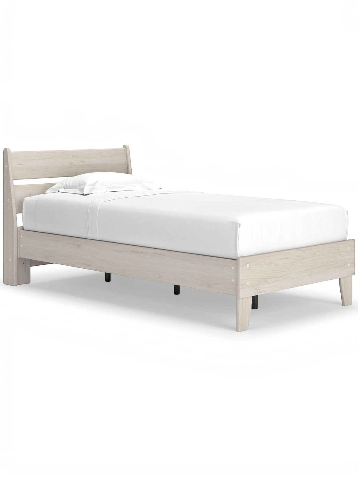 Lit simple Solene en bois clair de TOCO Meubles, design contemporain avec tête de lit incurvée et pieds fuselés.