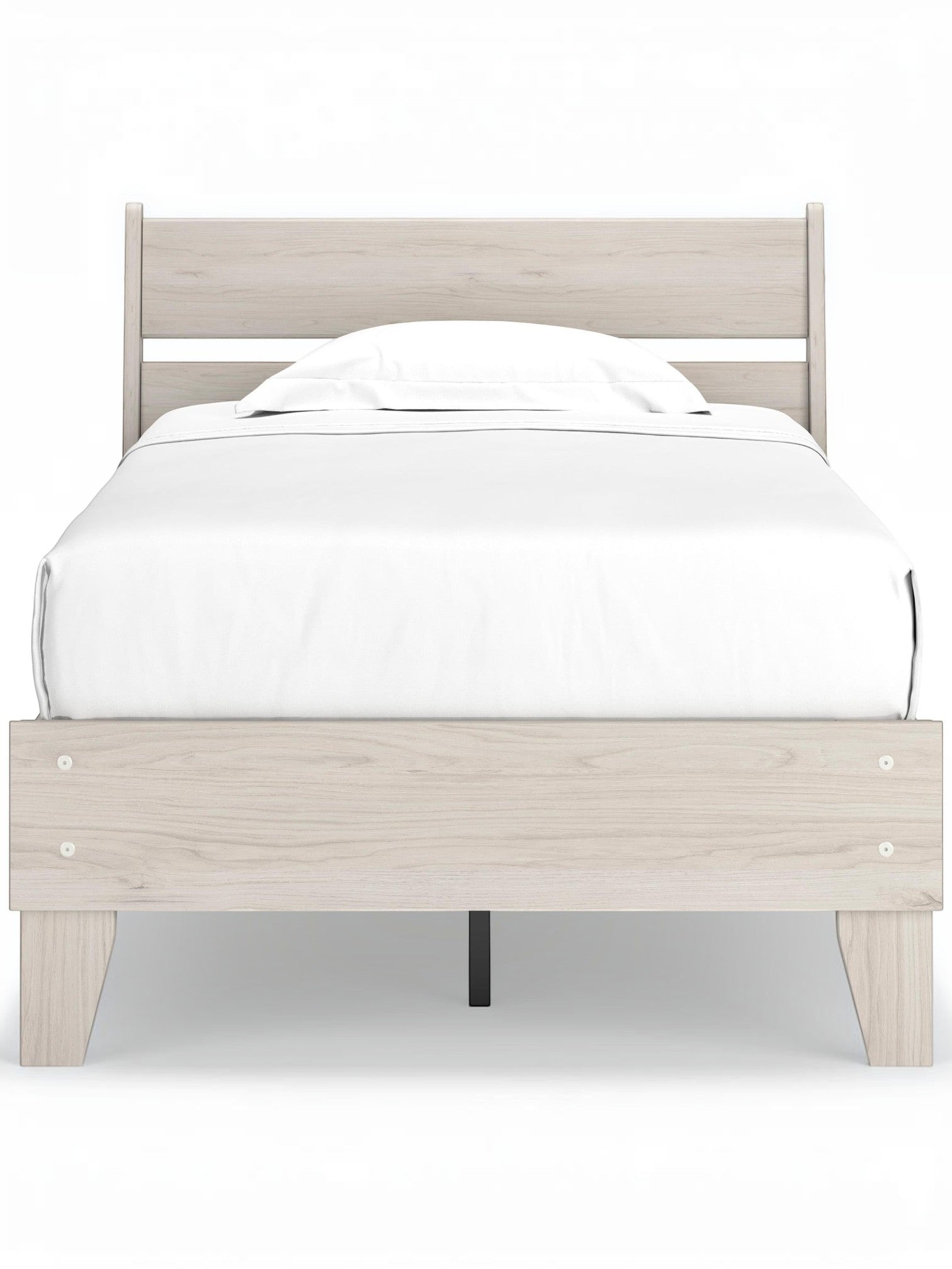 Lit simple Solene en bois clair avec tête de lit à lattes et sommier blanc par TOCO Meubles