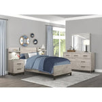 Lit simple Stella TOCO Meubles gris imitation bois avec tête de lit et tables de chevet intégrées, fini métal peint.