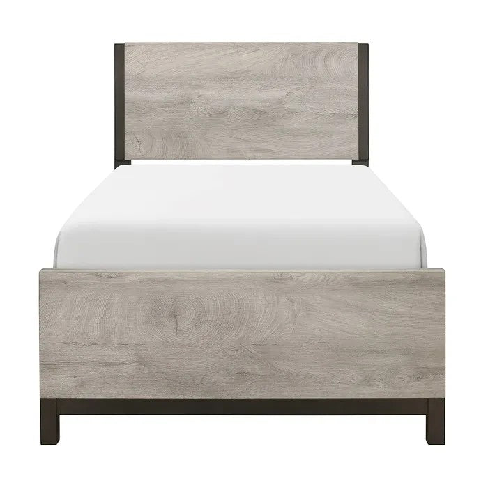 Lit simple Stella TOCO Meubles gris imitation bois avec détails métal peint. Design moderne et épuré.