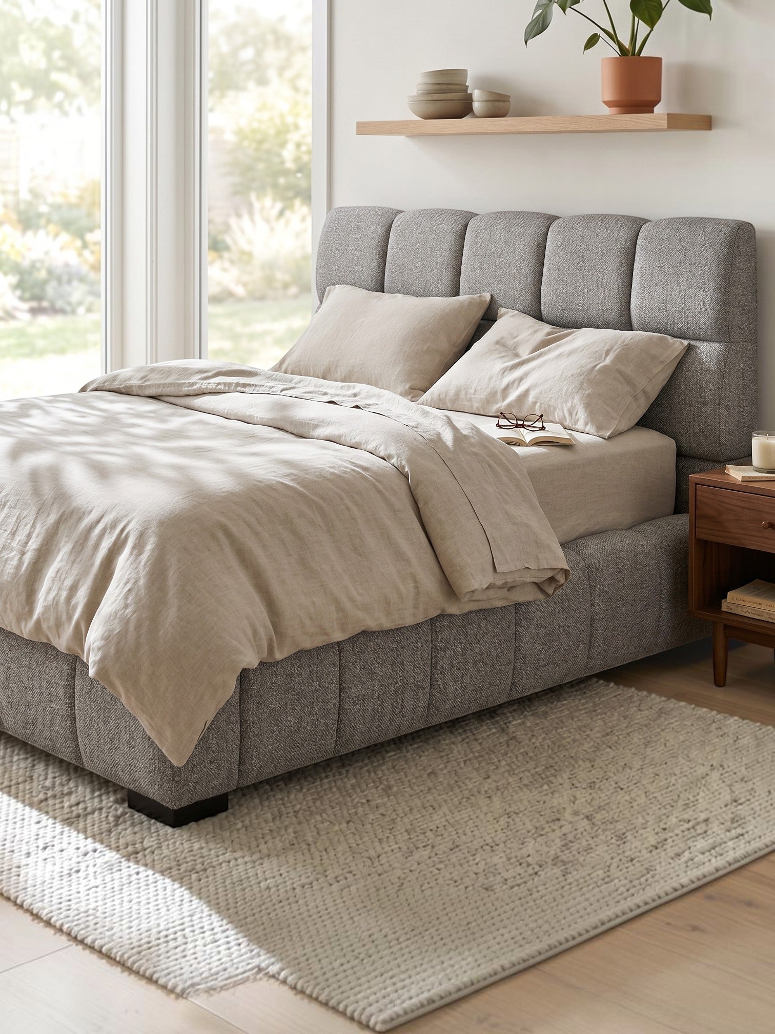 Grand lit Sofia TOCO Meubles gris clair capitonné en tissu texturé avec tête de lit imposante dans une chambre chic