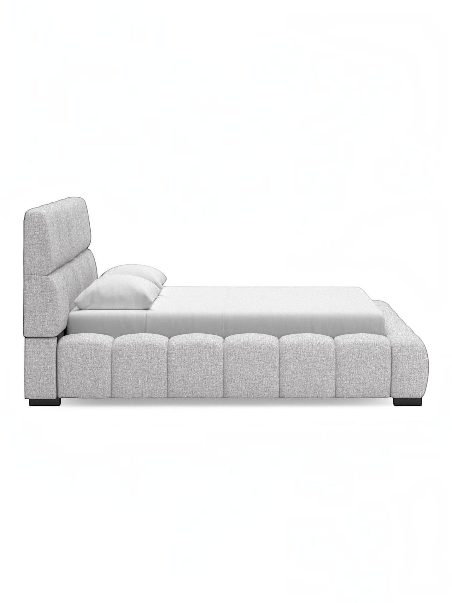 Lit double Sofia TOCO Meubles gris clair en tissu texturé avec tête de lit capitonnée et cadre moderne