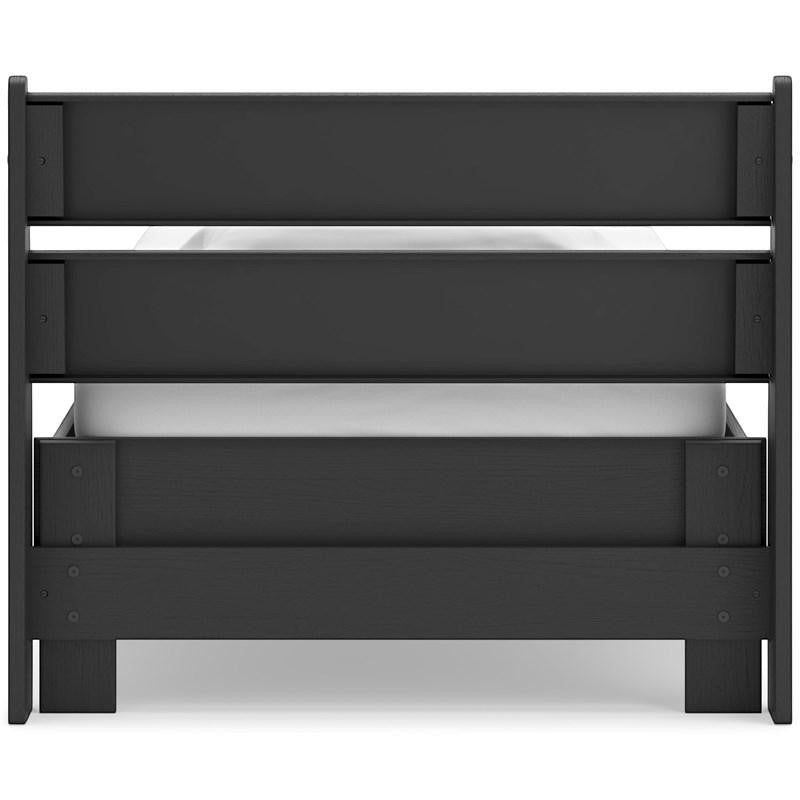 Lit TOCO Meubles Solene en bois noir, design contemporain, 3 lattes horizontales sur la tête de lit.