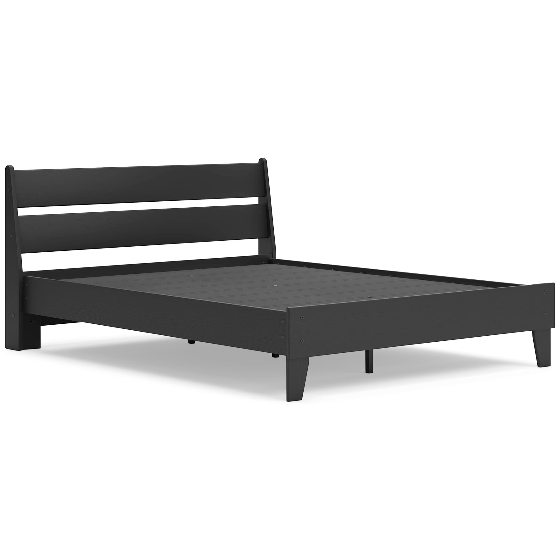 TOCO Meubles Grand Lit Solene noir en bois avec tête de lit à lattes et pieds fuselés, style contemporain.