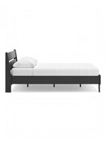 Lit double contemporain TOCO Meubles Solene en bois noir avec tête de lit épurée, vue de profil sur fond blanc