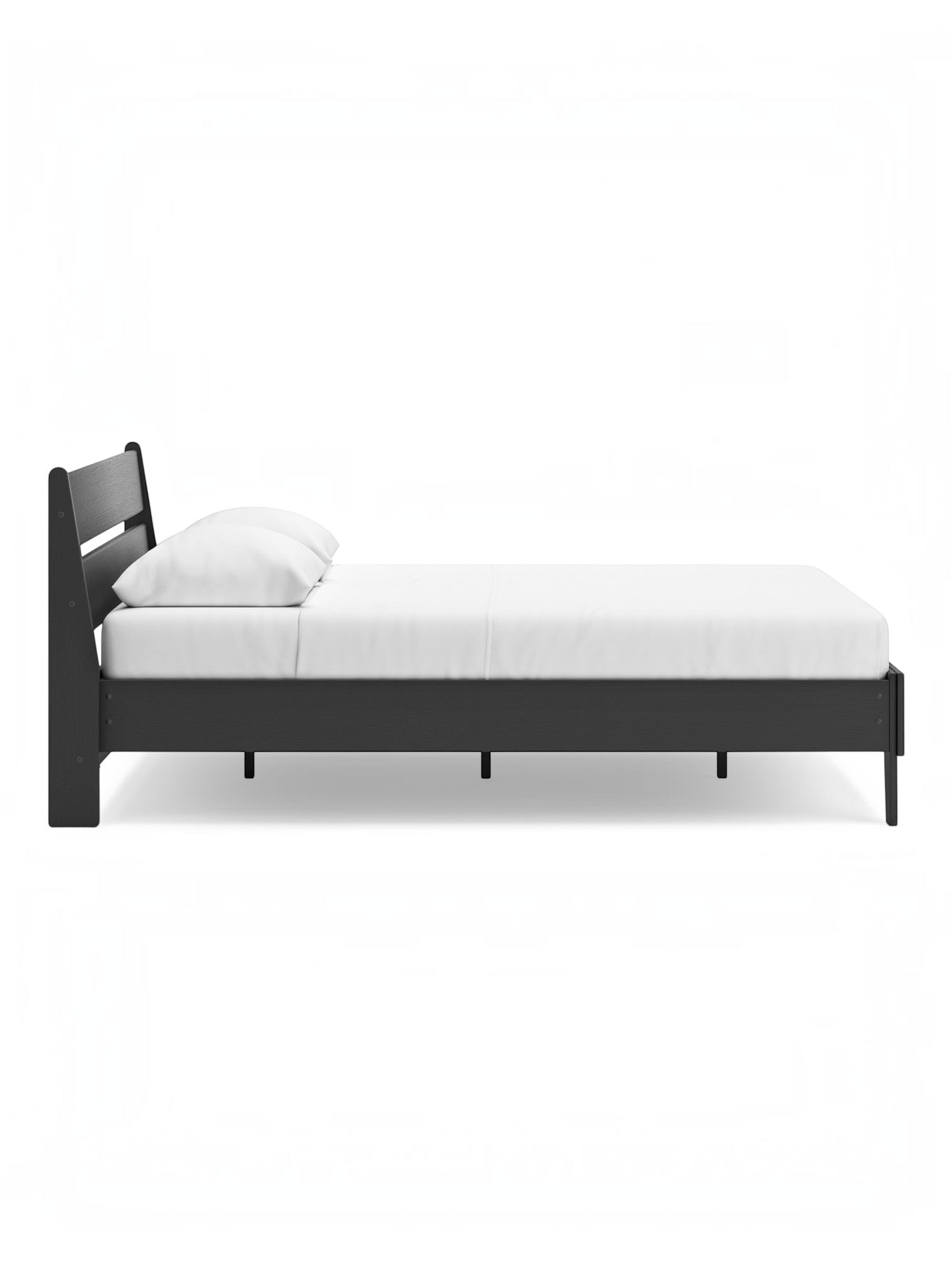 Lit double contemporain TOCO Meubles Solene en bois noir avec tête de lit épurée, vue de profil sur fond blanc