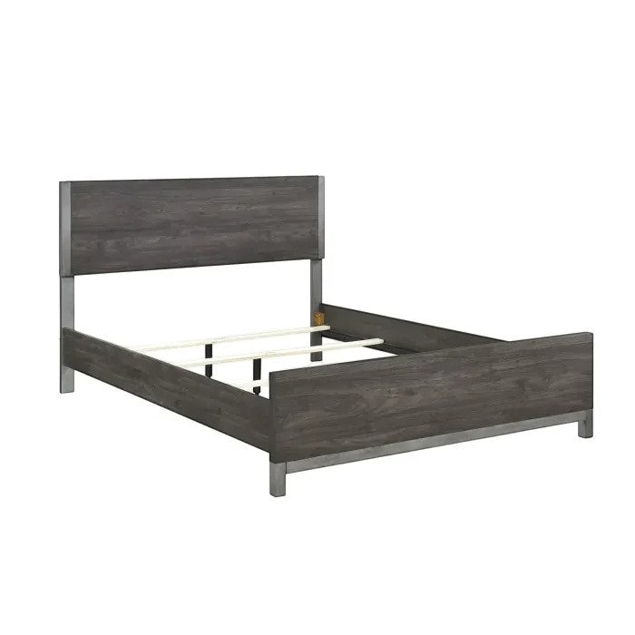 TOCO Meubles Lit Stella grand lit gris imitation bois avec détails métal peint, design moderne et épuré.