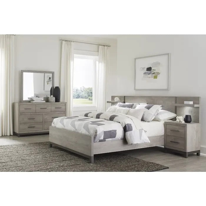 Lit Stella TOCO Meubles gris imitation bois avec tête de lit à étagères et bandes métal. Design moderne.