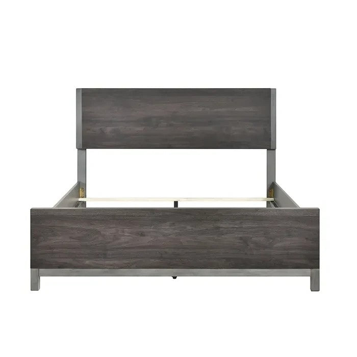 Lit TOCO Meubles Stella gris imitation bois avec détails métal, design moderne et épuré.