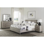 TOCO Meubles Grand lit Stella gris imitation bois avec détails métal peint, design moderne et épuré.