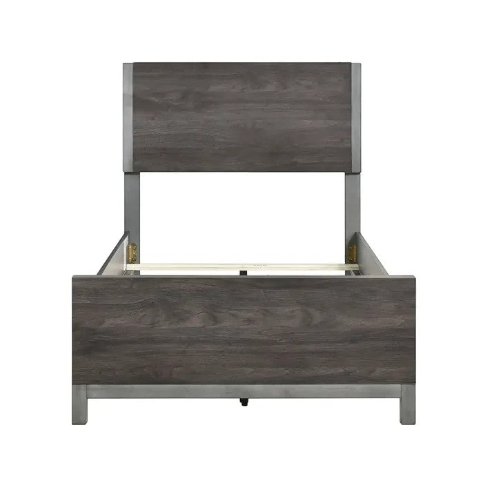 Lit TOCO Meubles Stella gris imitation bois avec détails métal peint, design moderne et épuré.