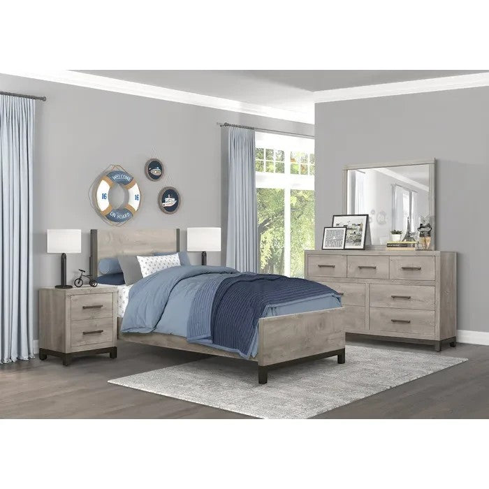 Lit simple Stella TOCO Meubles gris imitation bois avec accents métalliques, design moderne et épuré.