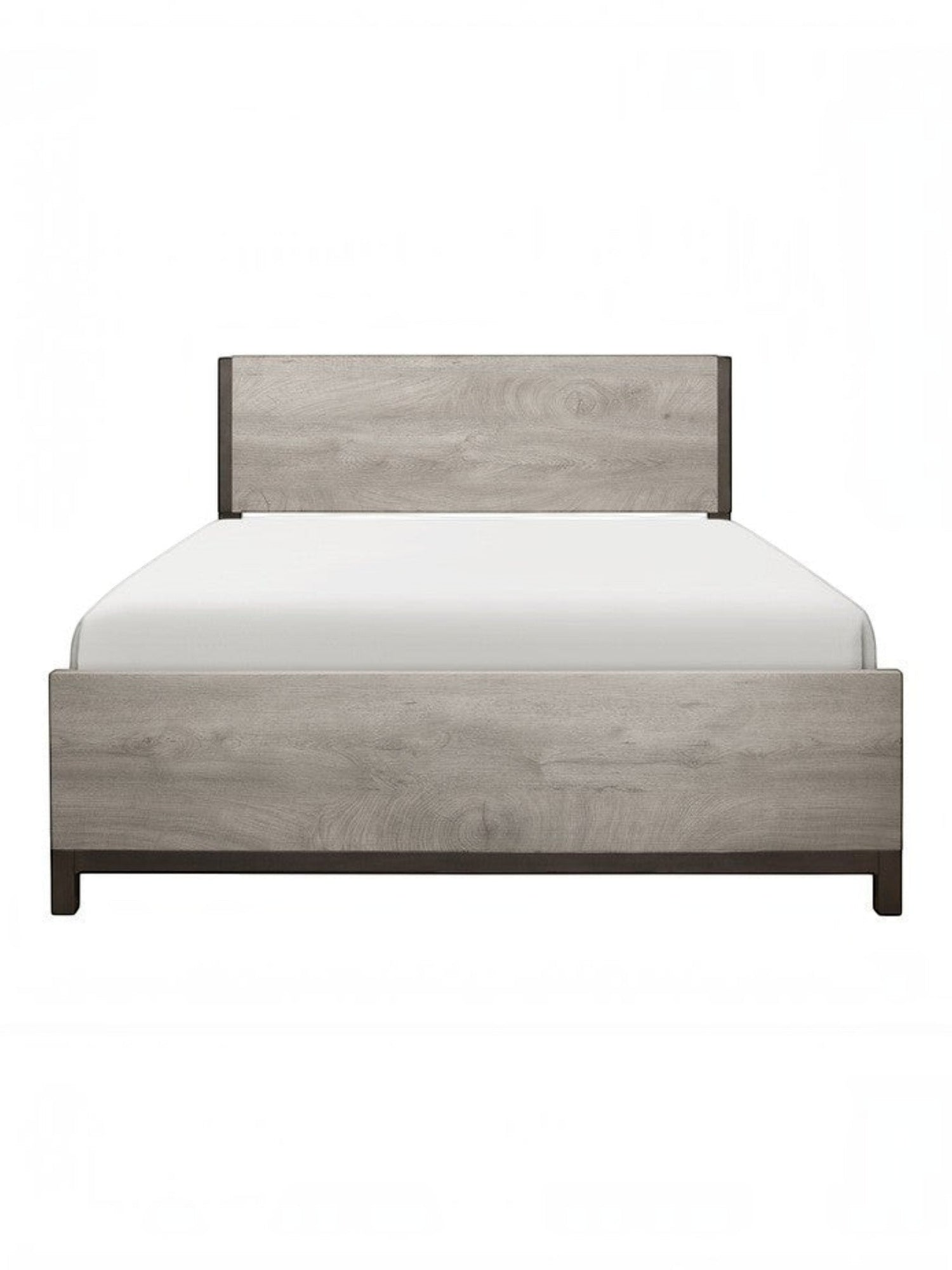 Lit double TOCO Meubles Stella gris imitation bois avec détails en métal peint pour une chambre contemporaine