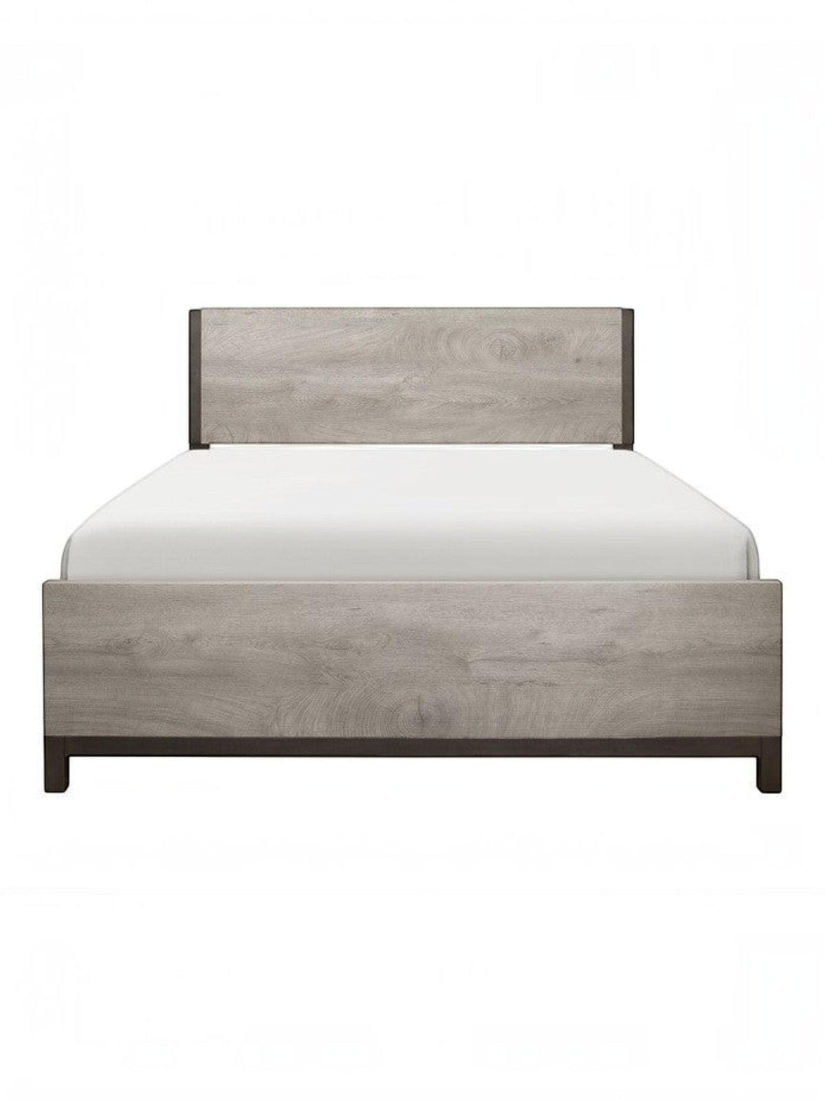 Lit double TOCO Meubles Stella gris imitation bois avec détails en métal peint pour une chambre contemporaine