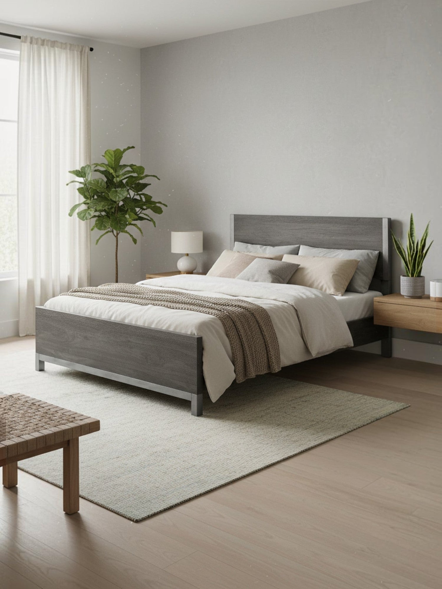 Très grand lit Stella TOCO Meubles gris imitation bois avec détails en métal dans une chambre moderne et épurée