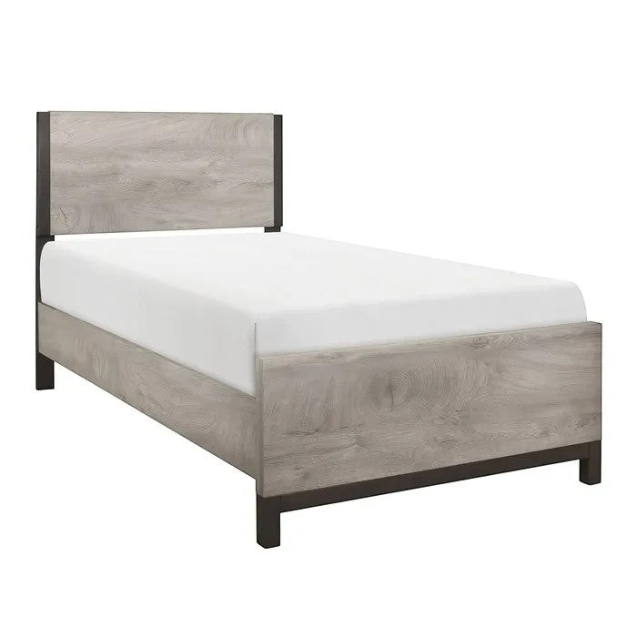 Lit simple Stella TOCO Meubles gris imitation bois avec détails métalliques, design moderne et épuré.