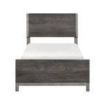 Lit simple Stella TOCO Meubles en imitation bois gris avec détails métalliques, design moderne et épuré.