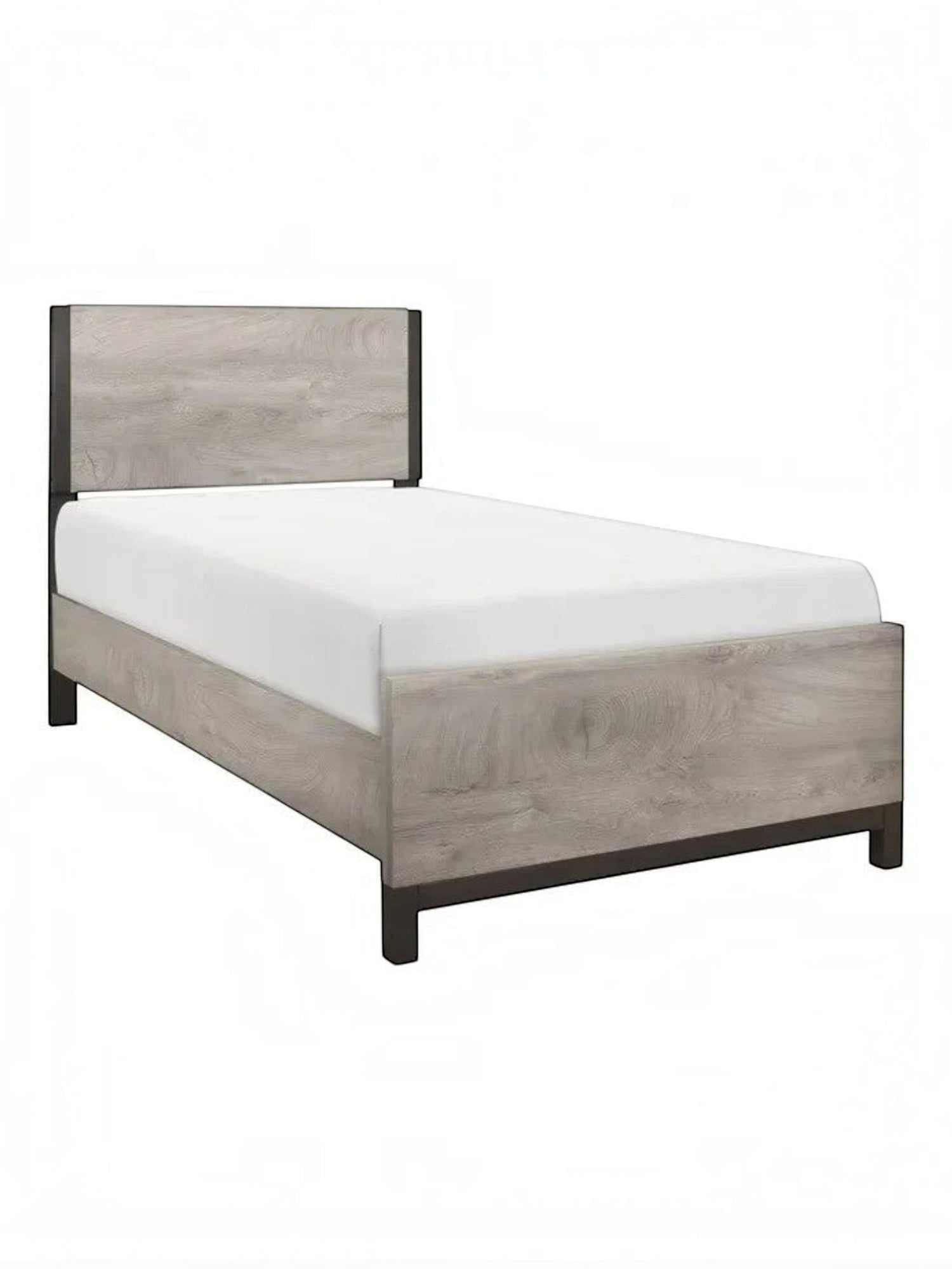 Lit simple Stella TOCO Meubles gris imitation bois avec détails métalliques, design moderne et épuré.