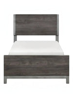 Lit simple Stella TOCO Meubles en imitation bois gris avec détails métalliques, design moderne et épuré.