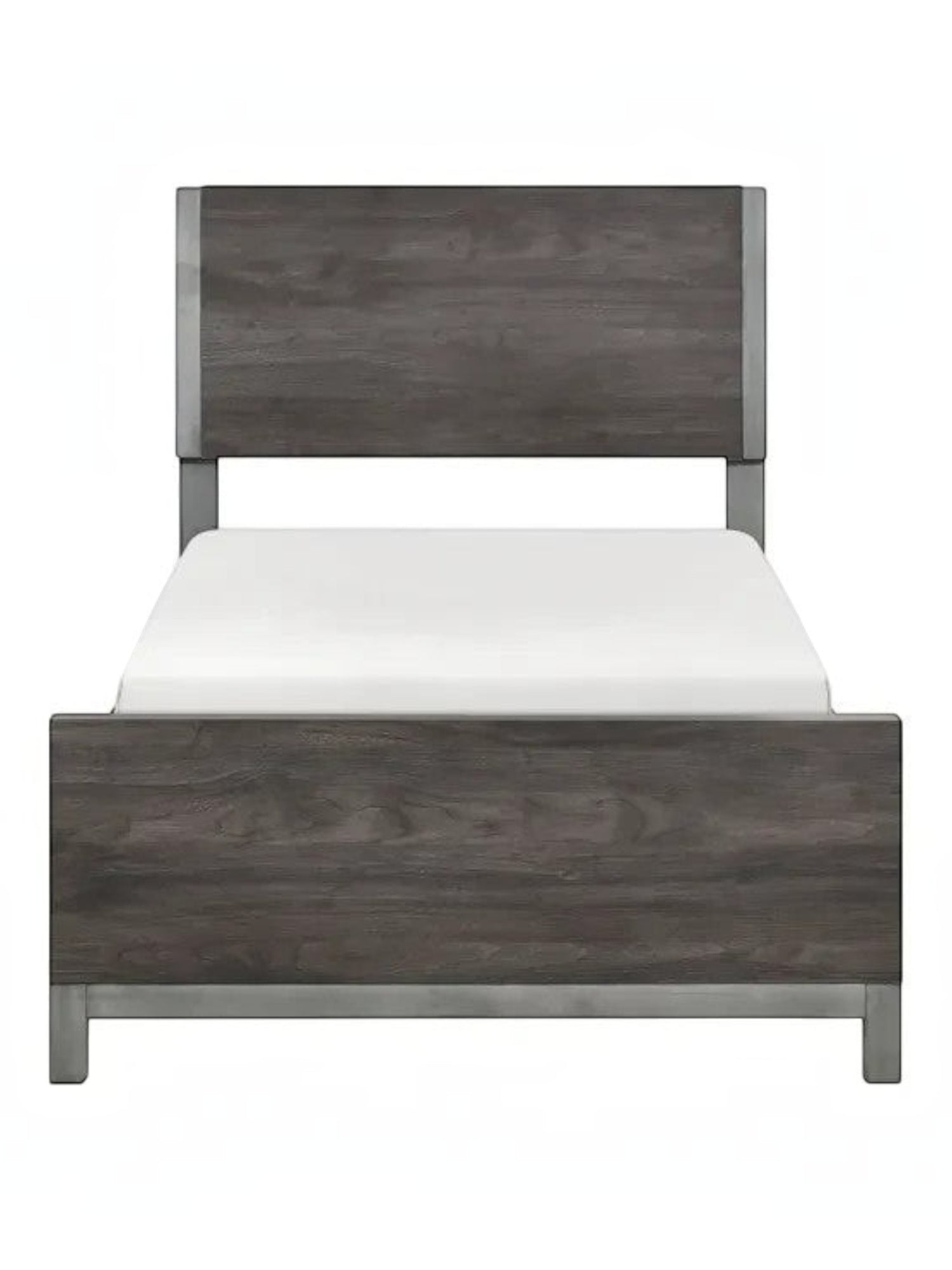 Lit simple Stella TOCO Meubles en imitation bois gris avec détails métalliques, design moderne et épuré.