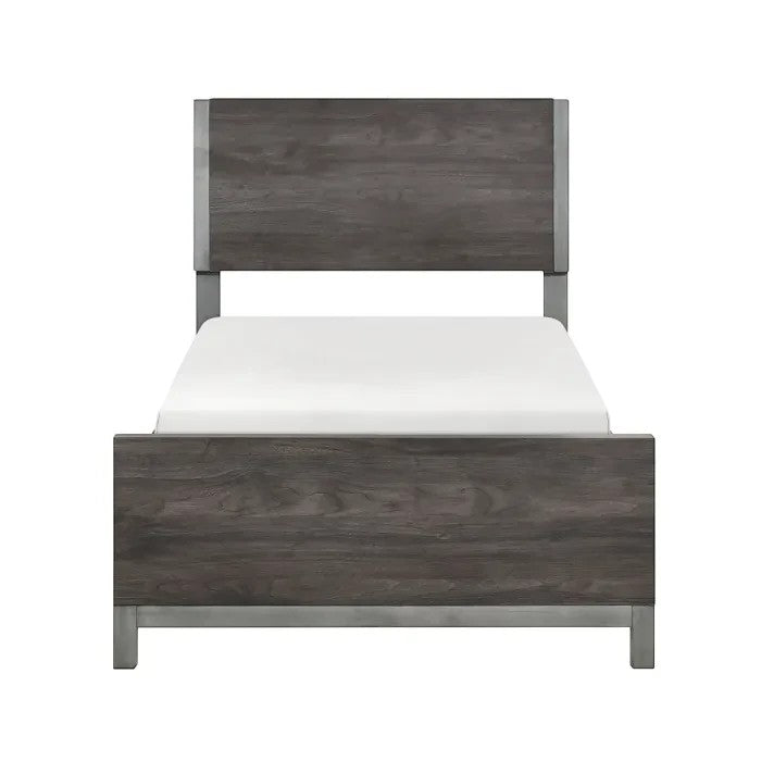 Lit simple Stella TOCO Meubles en imitation bois gris avec détails métalliques, design moderne et épuré.