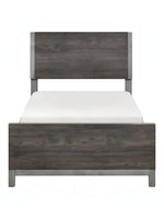 Lit simple Stella TOCO Meubles en imitation bois gris avec détails métalliques, design moderne et épuré.