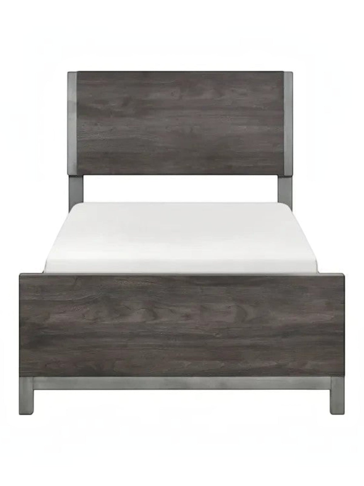 Lit simple Stella TOCO Meubles en imitation bois gris avec détails métalliques, design moderne et épuré.