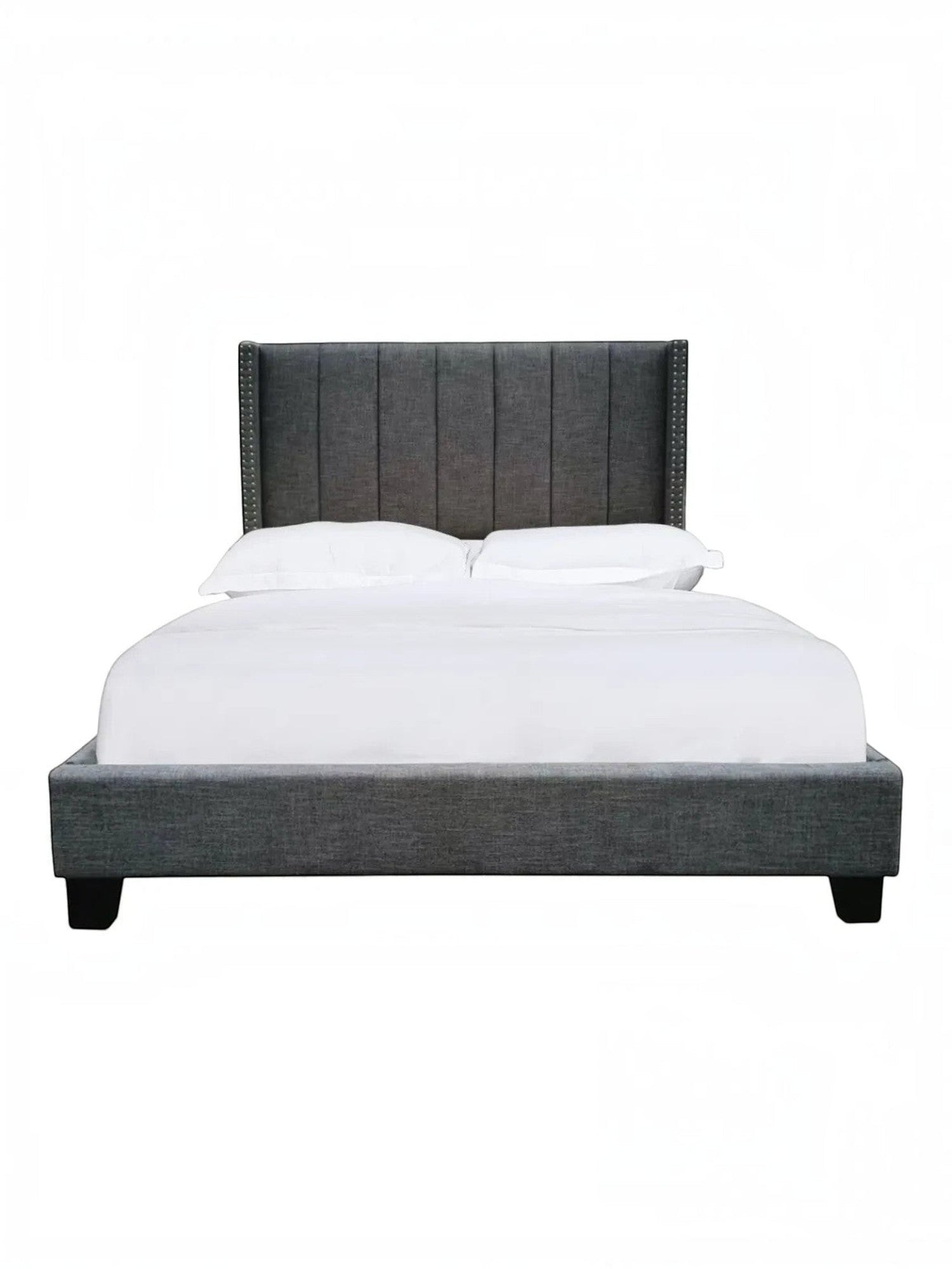 Lit très grand format TOCO Meubles avec tête de lit capitonnée en tissu gris foncé et cadre plateforme moderne