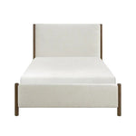 TOCO Meubles Lit Zavian très grand en tissu chenille beige avec montants en bois chêne, design moderne.