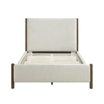 TOCO Meubles Lit Zavian grand, tissu chenille beige, montants bois chêne, design moderne plateforme
