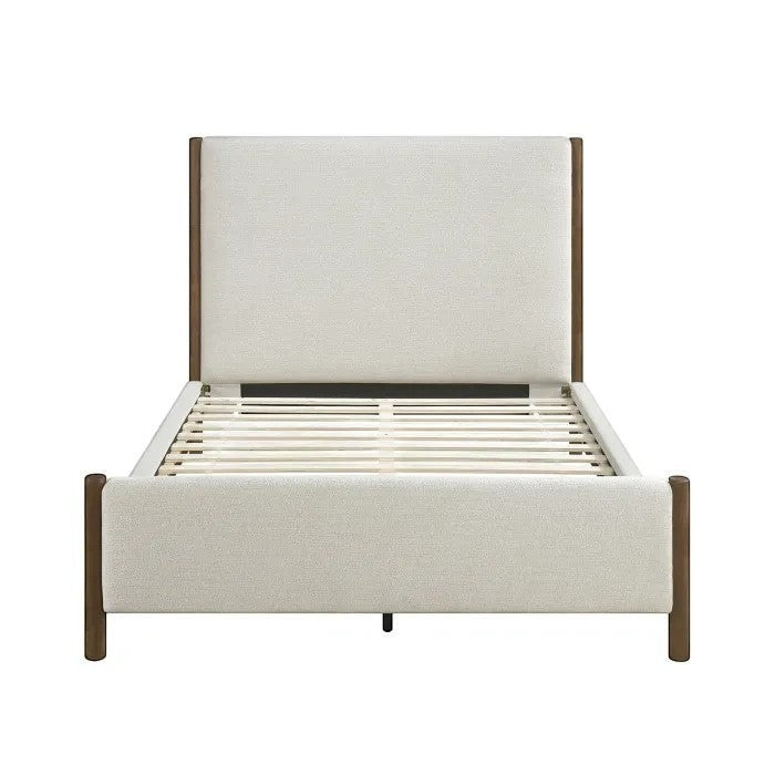 TOCO Meubles Lit Zavian grand, tissu chenille beige, montants bois chêne, design moderne plateforme